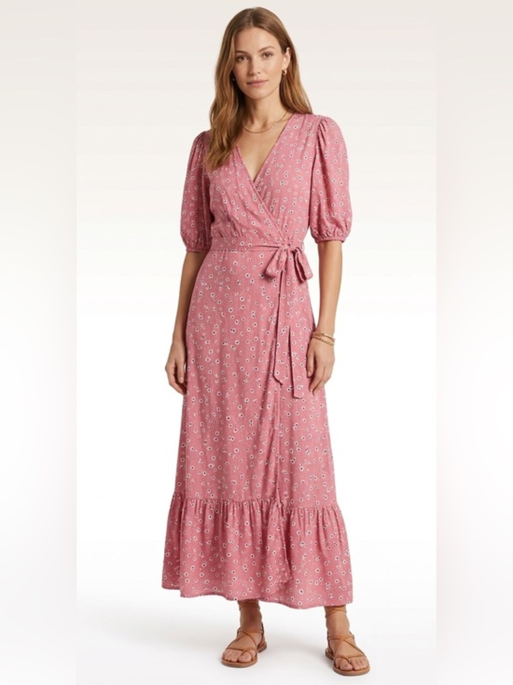 Villa Pink & White Puff Sleeve Floral Print Wrap Maxi Dress Size Small